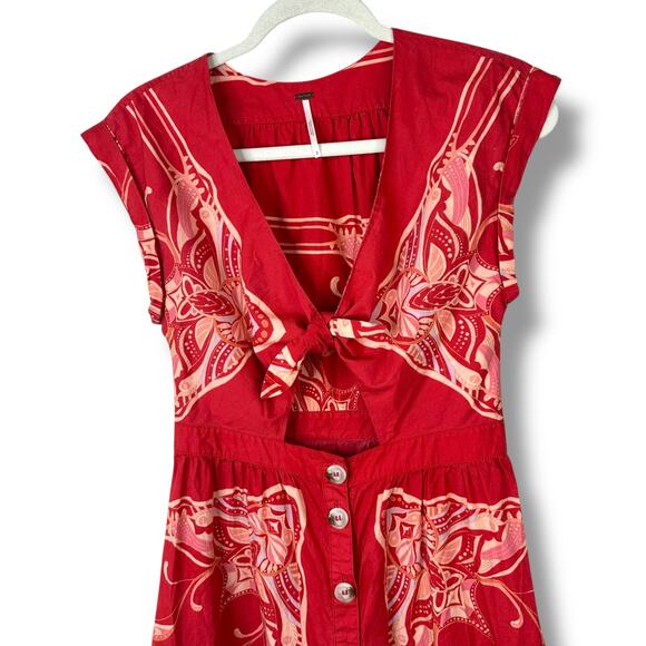 Free People Linvilla Red Bandana Button Knot Tie Front Midi Cap Sleeve Dress - Picture 4 of 9